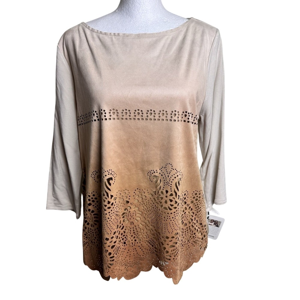 Liberty Garden Women S Beige Tan Suede Knit Shirt Eyelet Cutout Boho Tunic NWT